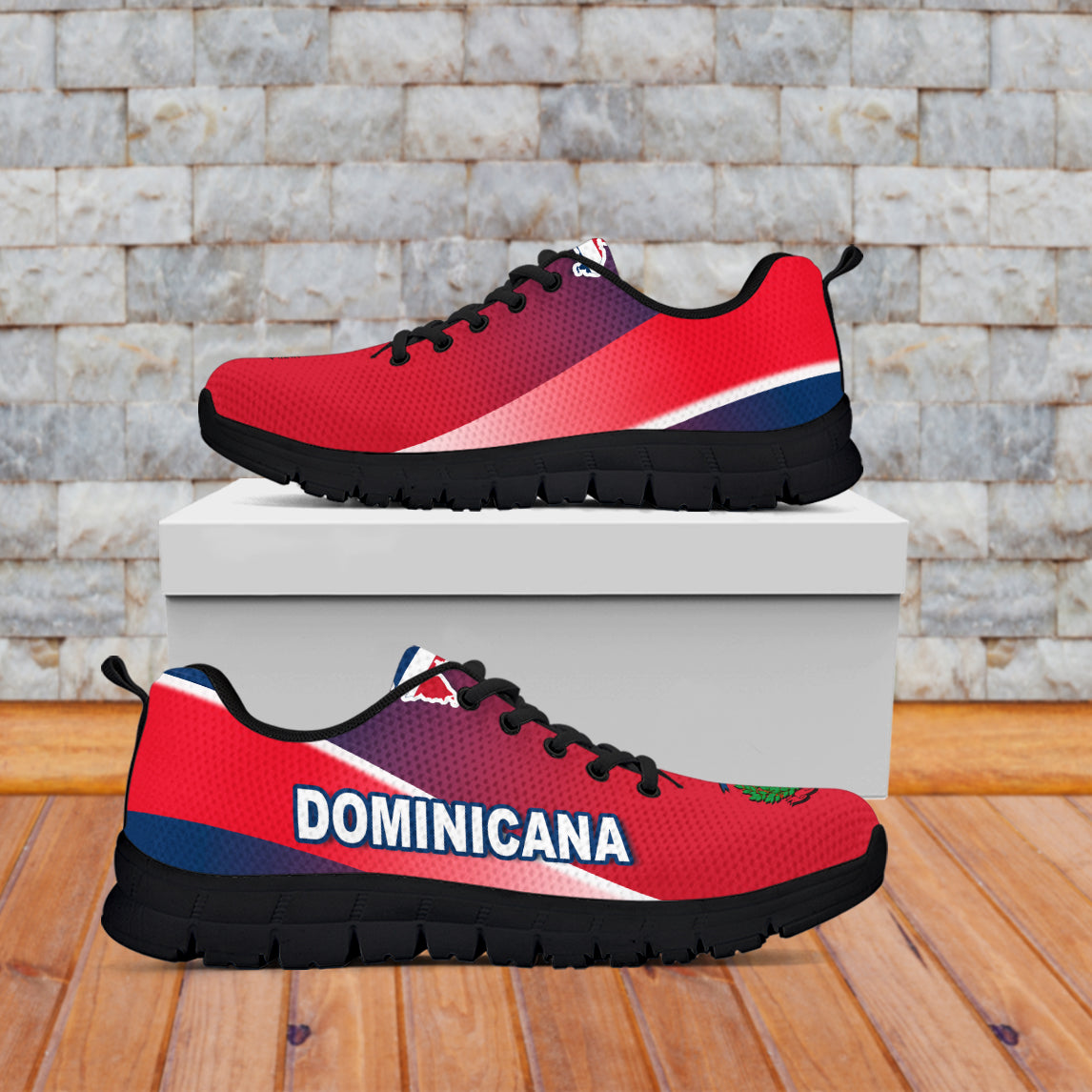 Red Dominican sneakers with black sole, black laces, white-red-blue side stripe