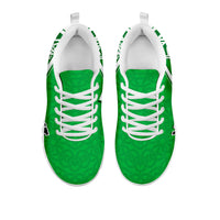 Pair of green Wales sneakers with white laces and celtic knot trim on the side