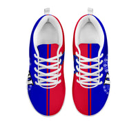 Haiti dashiki sneakers front view: red/blue uppers with striped accents and white laces
