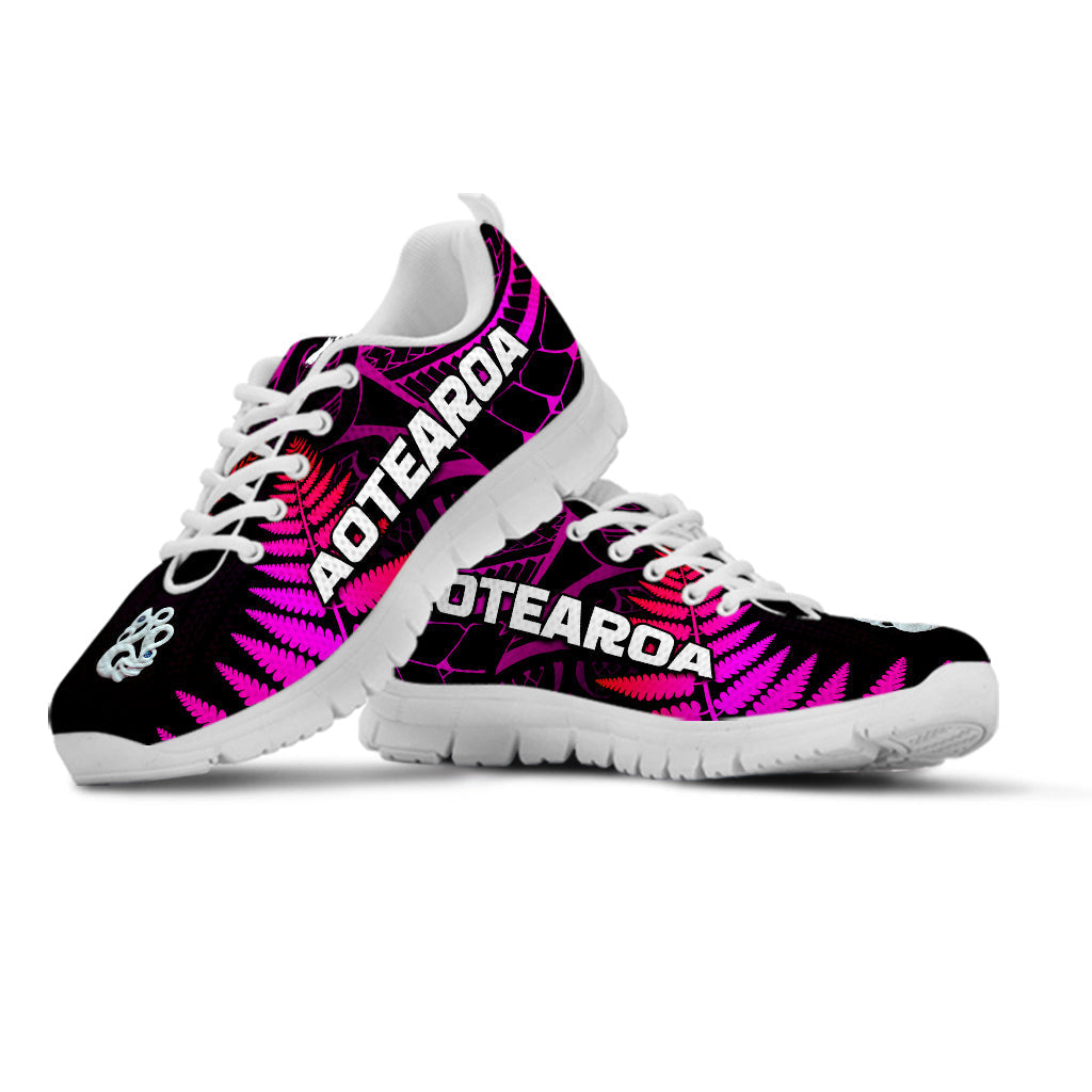 Aotearoa Fern sneakers with purple and black print, white laces, white sole