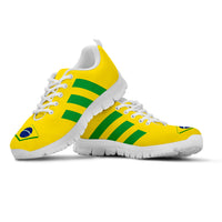 Casual sneakers in yellow with green stripes, white sole, lace-up design