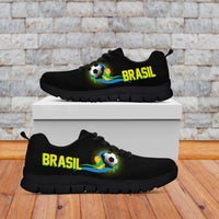 Black casual sneakers with BRASIL print, soccer-ball graphic, and thick sole