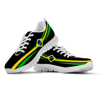 Black casual sneakers with Brazil flag badge, yellow-green stripes, and white soles