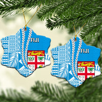 Two Fiji star ceramic ornaments with blue tropical patterns, crest and “FIJI” text, hanging