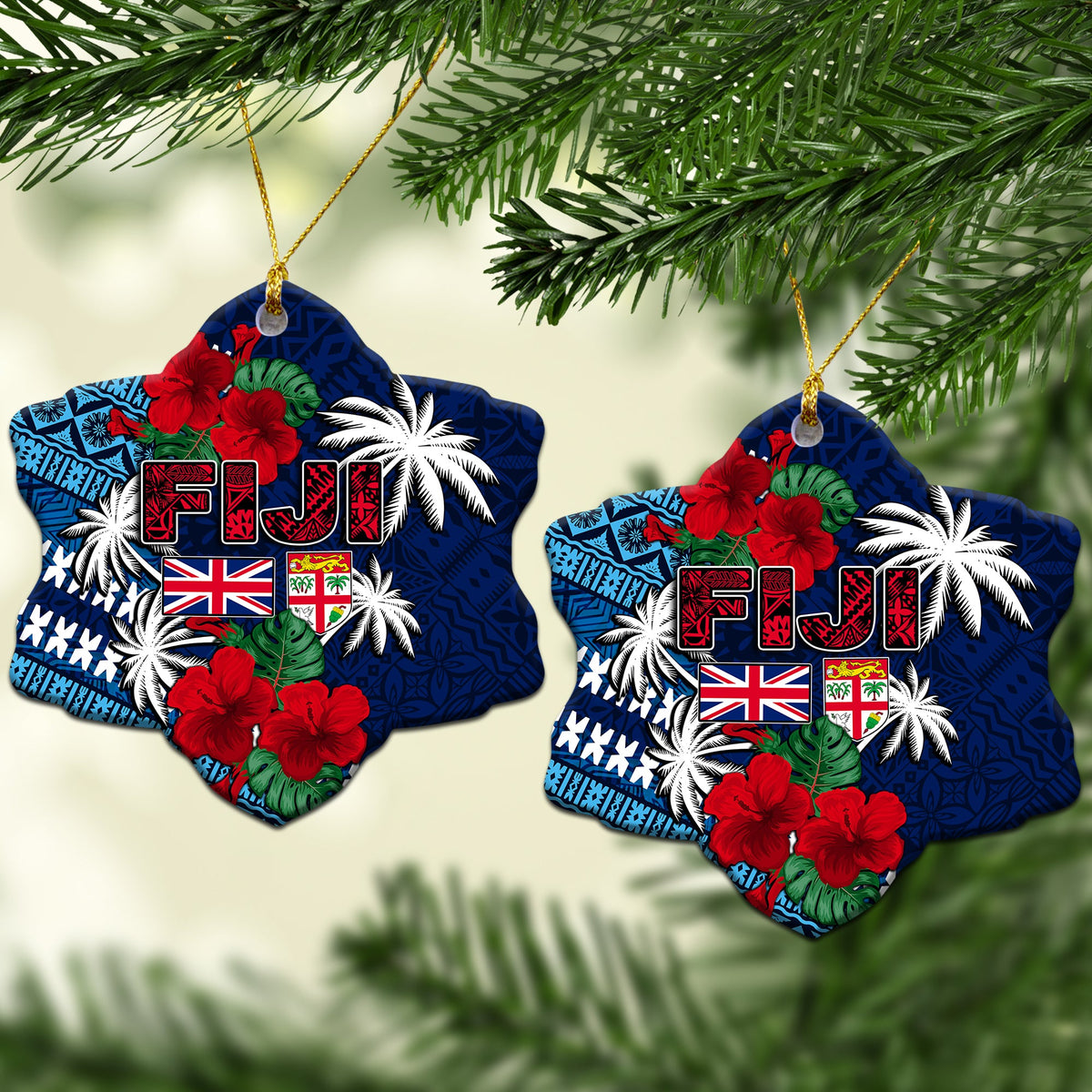 Heart-shaped blue ceramic ornament set: Fiji lettering, flags, hibiscus and palm design.