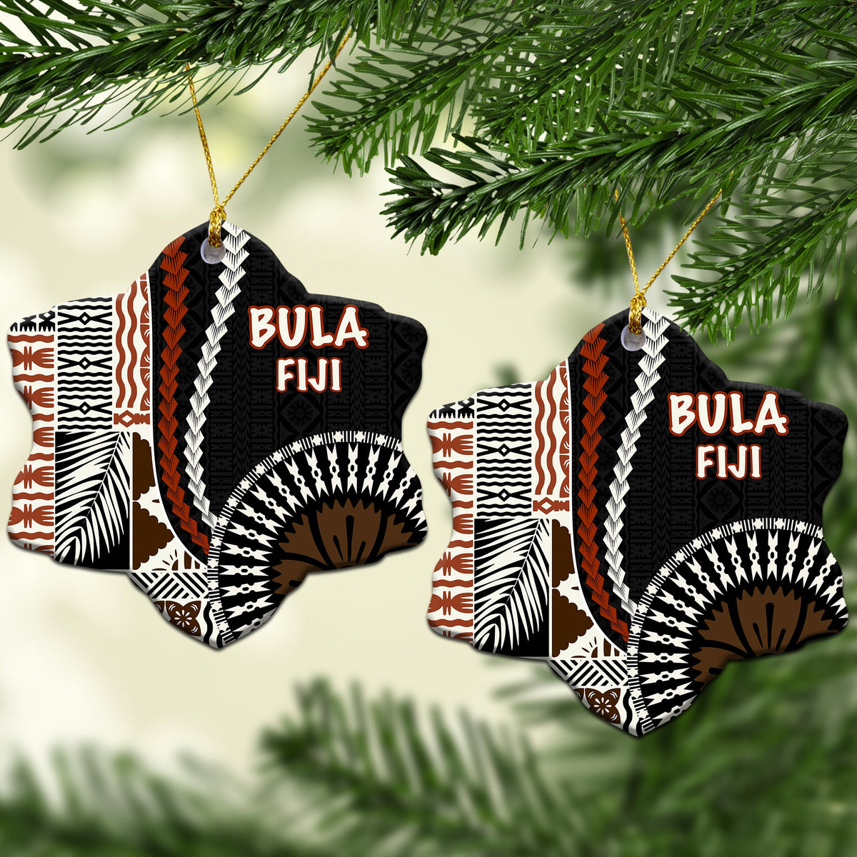 Star-shaped ceramic ornaments with gold hooks, “BULA FIJI” in red on black print