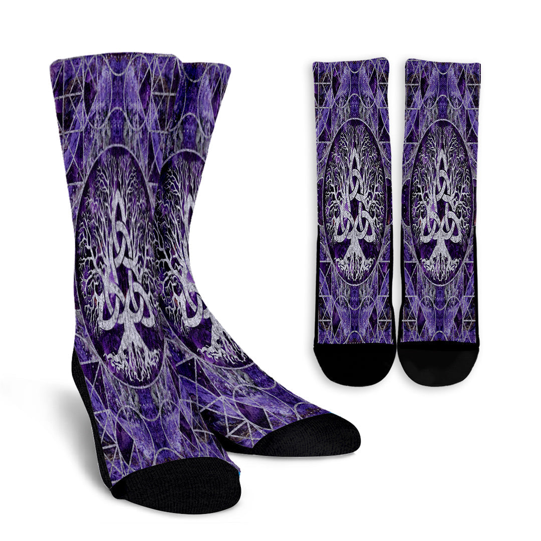 Black crew socks with purple amethyst Tree of Life and triquetra graphic, white accents