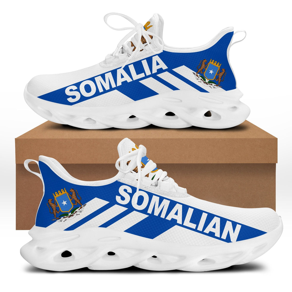 White and blue Somalia stripe clunky sneakers with white sole and lace-up eyelets