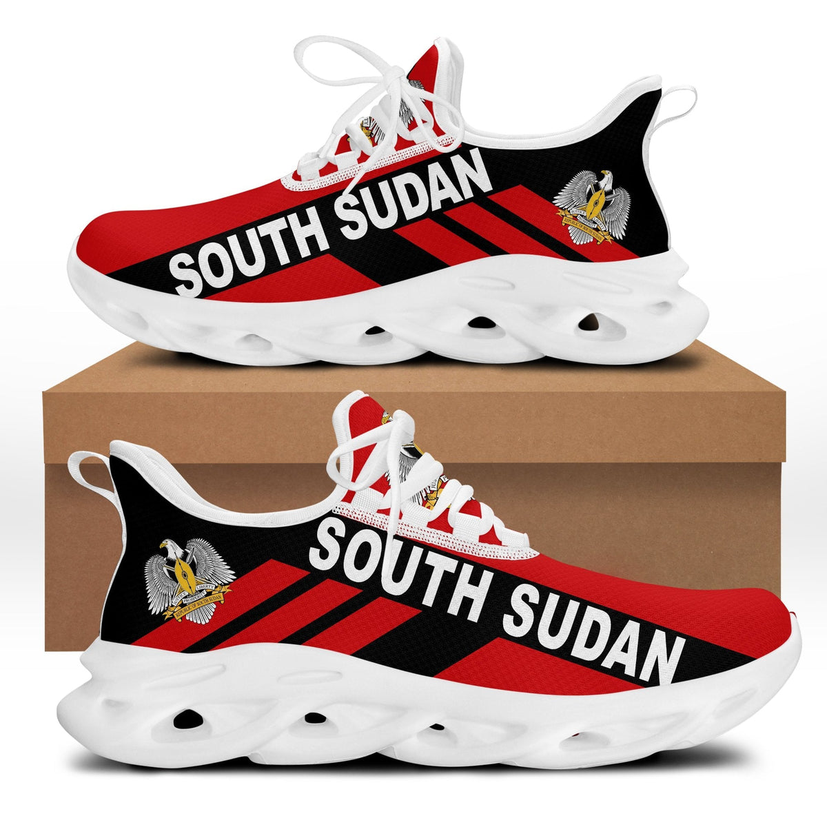 South Sudan stripe clunky sneakers, red/black upper with “SOUTH SUDAN” print, white sole