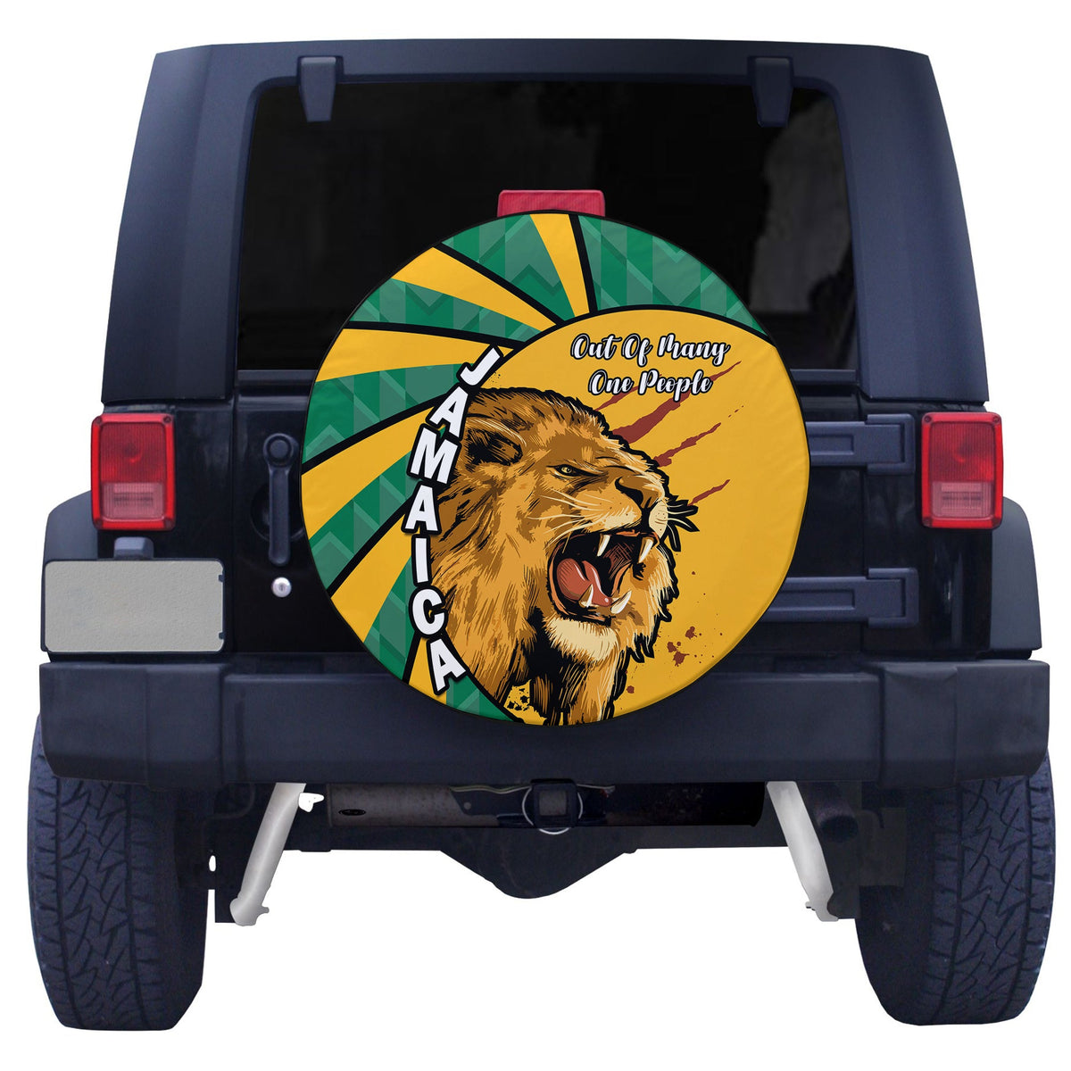 Circular spare tire cover with Jamaican flag lion graphic and “Jamaica” lettering