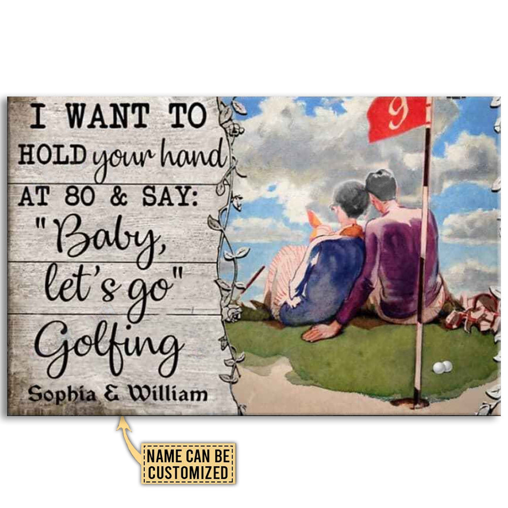 Personalized horizontal golf poster with golfers holding hands and printed names at bottom