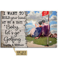 Personalized horizontal golf poster with golfers holding hands and printed names at bottom