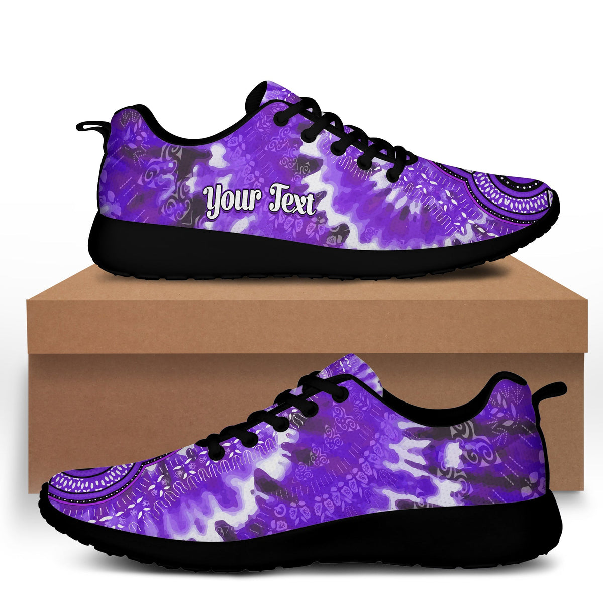 Purple tie-dye sporty sneakers, black sole, 'Your Text' print