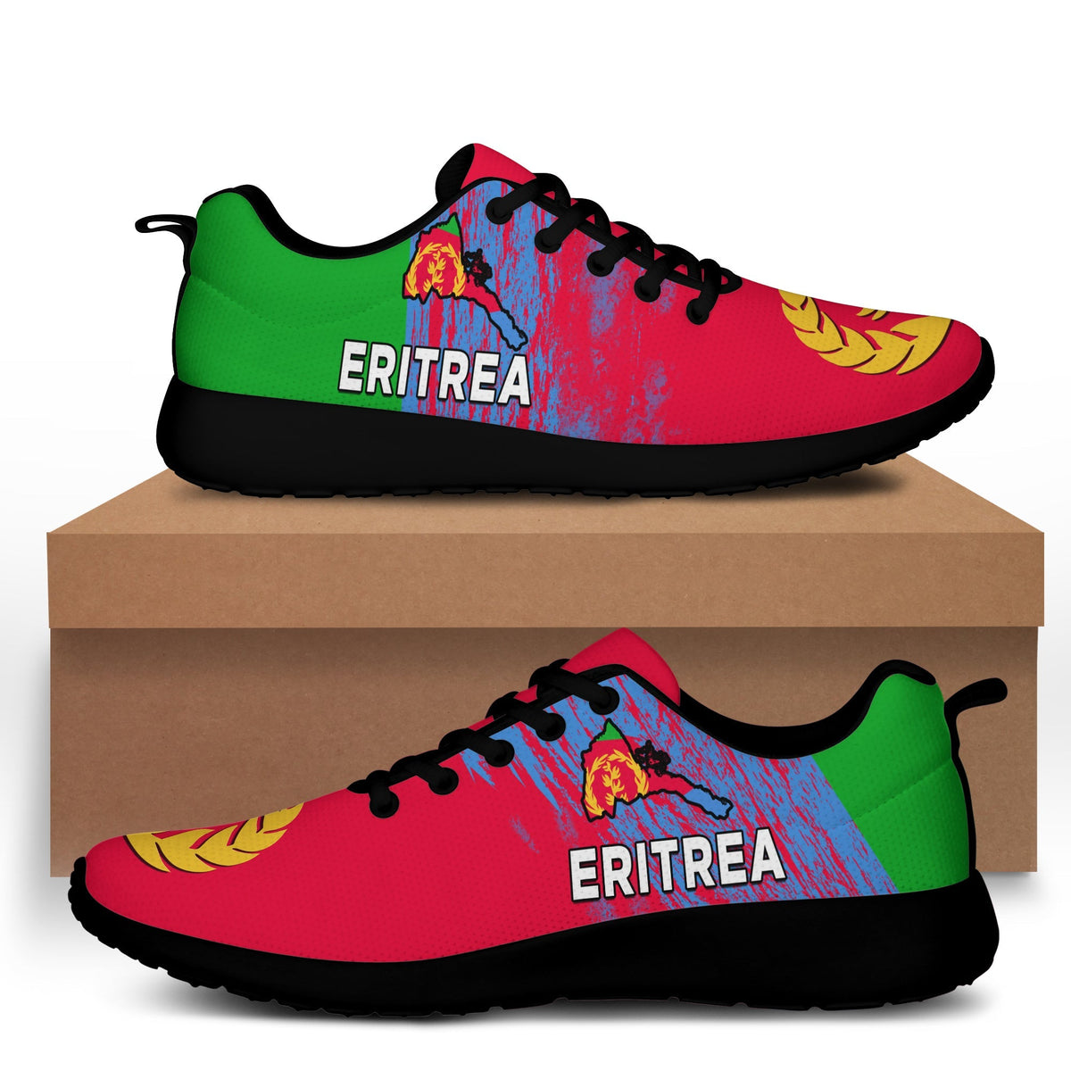Red Eritrea sporty sneakers, green heel, black laces, black rubber sole