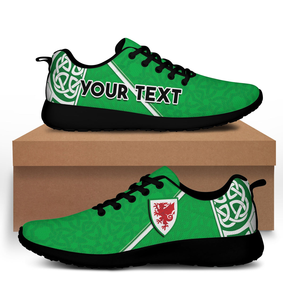 Green sporty sneakers with Celtic knot pattern, black laces, 'YOUR TEXT' print