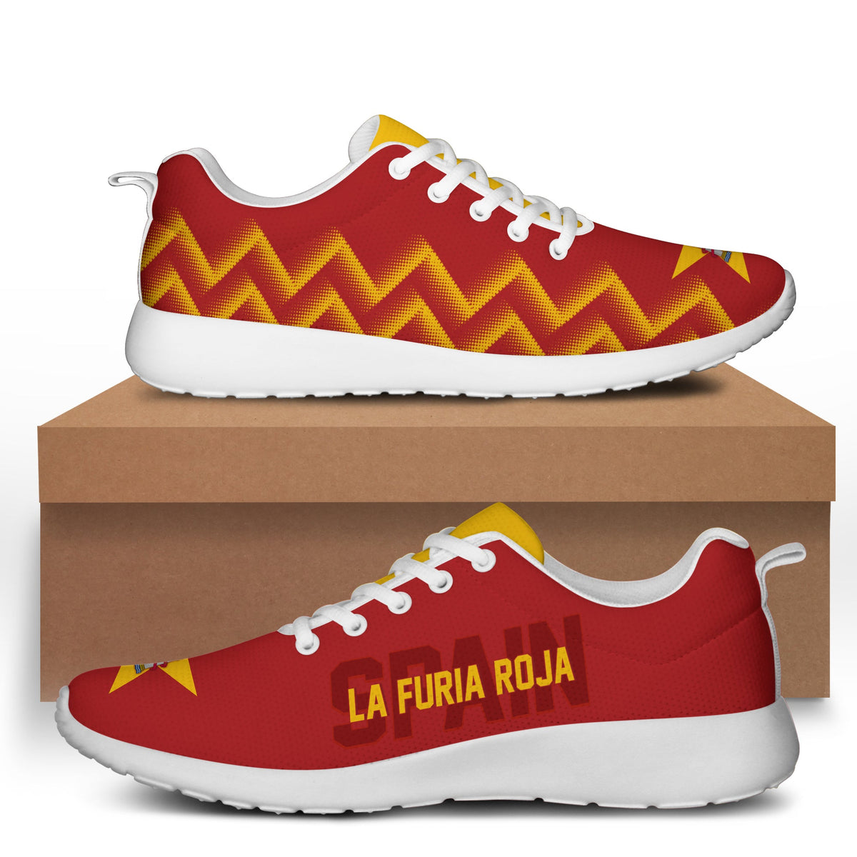 Red sporty sneakers with yellow zigzag pattern, white laces and white sole