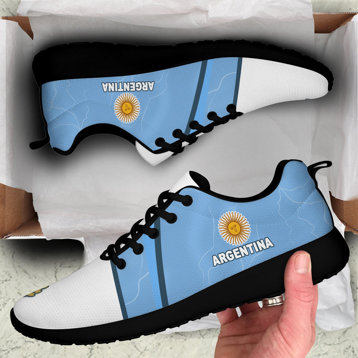Blue and white Argentina sporty sneakers, black laces, black outsole