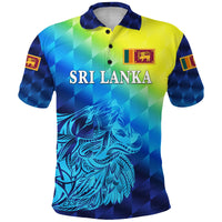 Blue checker polo shirt with yellow gradient; front Sri Lanka text, lion emblem, graphic