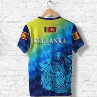 Sri Lanka T-shirt with blue-yellow gradient, lion graphic and crest, back view