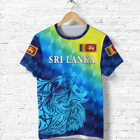 Sri Lanka T-shirt with blue-yellow geometric gradient and lion graphic, front view