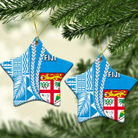 Fiji star ceramic Christmas ornament set, blue patterned design with crest, on gold cord