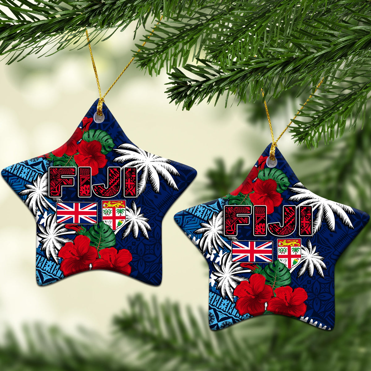 Two blue star-shaped ceramic ornaments with Fiji lettering, flags, hibiscus and palm print.