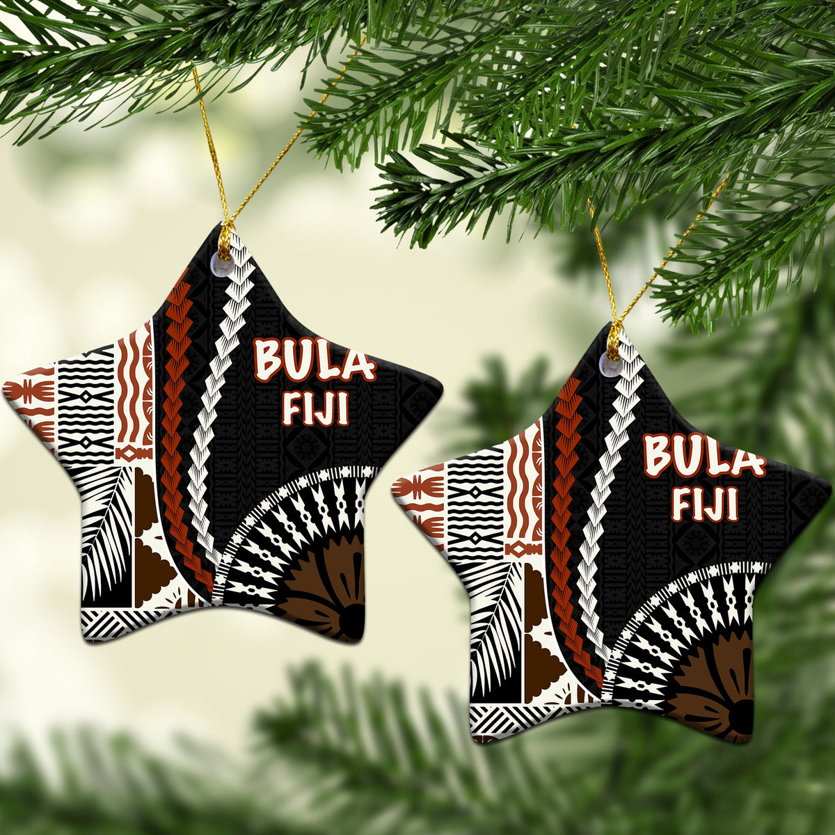 Star ceramic Christmas ornaments, black “BULA FIJI” with orange and white island pattern