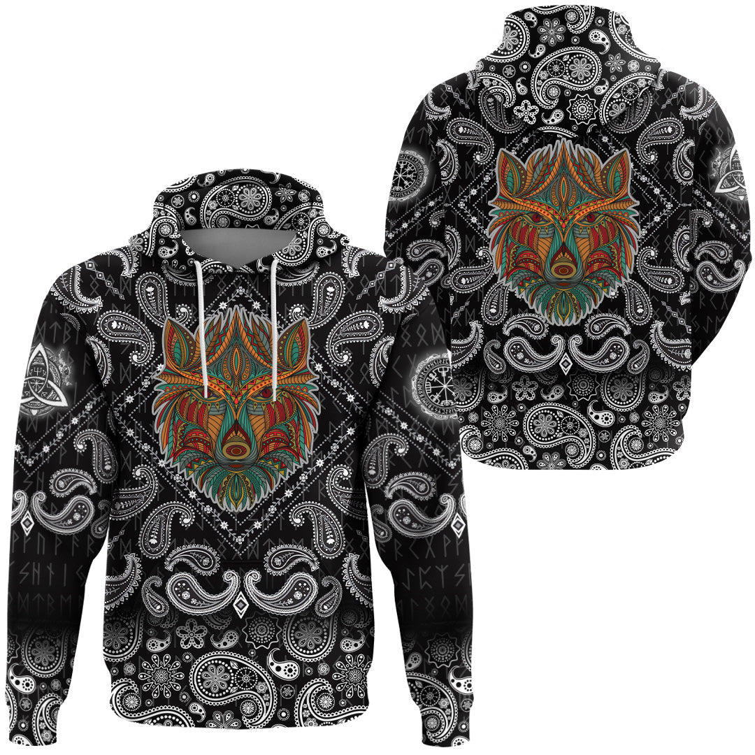 Viking Hoodie Stylized Wolf In Ethnic Dark Background with Bandana Paisley Style RLT12 - Wonder Print Shop