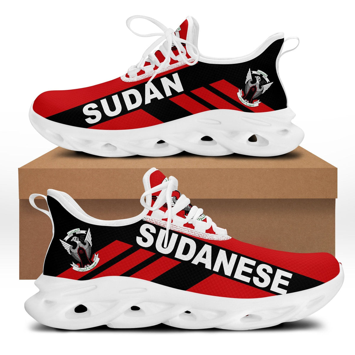 Red and black Sudan stripe clunky sneakers with white laces and white chunky sole