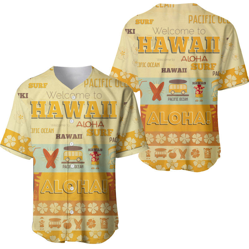 Yellowish Hawaii surf retro baseball jersey, V-neck front and ALOHA graphic