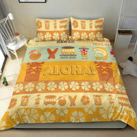 Yellowish Hawaii-themed duvet with ALOHA! center design, surf icons, and two matching pillows