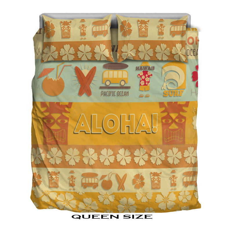 Queen size bedding set with ALOHA! text, surf icon band, and large cream floral pattern