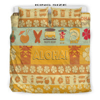 King size bedding set with ALOHA! lettering, surfboard, ukulele, and tropical floral icons