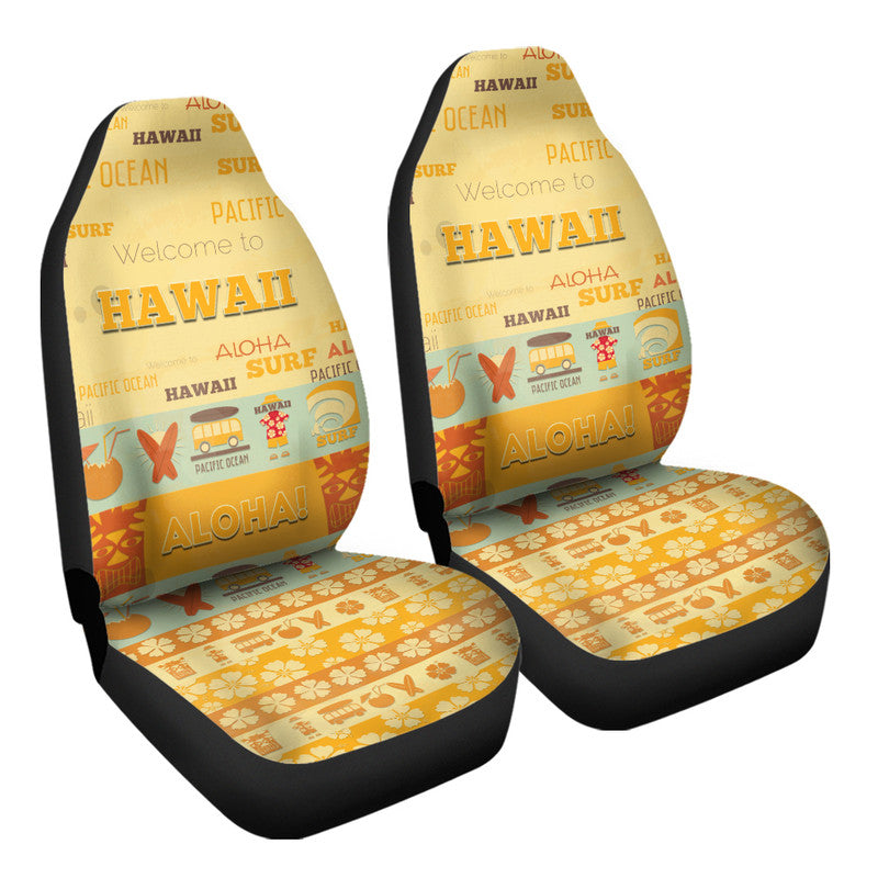 Yellowish Hawaiian surf car seat cover set with ALOHA text, flowers, surfboards; black edges