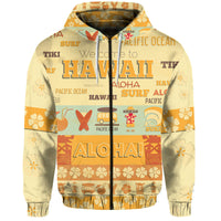 Yellowish zip hoodie with Hawaii surf tropical front graphic and hood