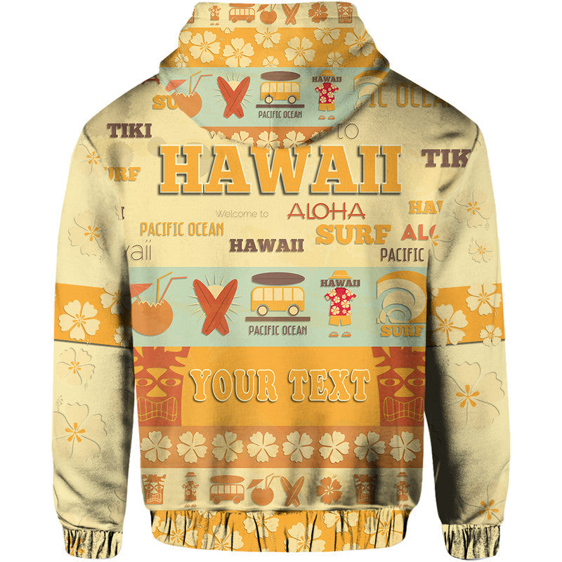 Yellowish hoodie with hood and colorful Hawaiian surf graphic print on back