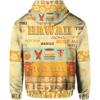 Yellowish hoodie with hood and colorful Hawaiian surf graphic print on back