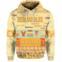 Yellowish pullover hoodie with Hawaii surf tropical front graphic and hood