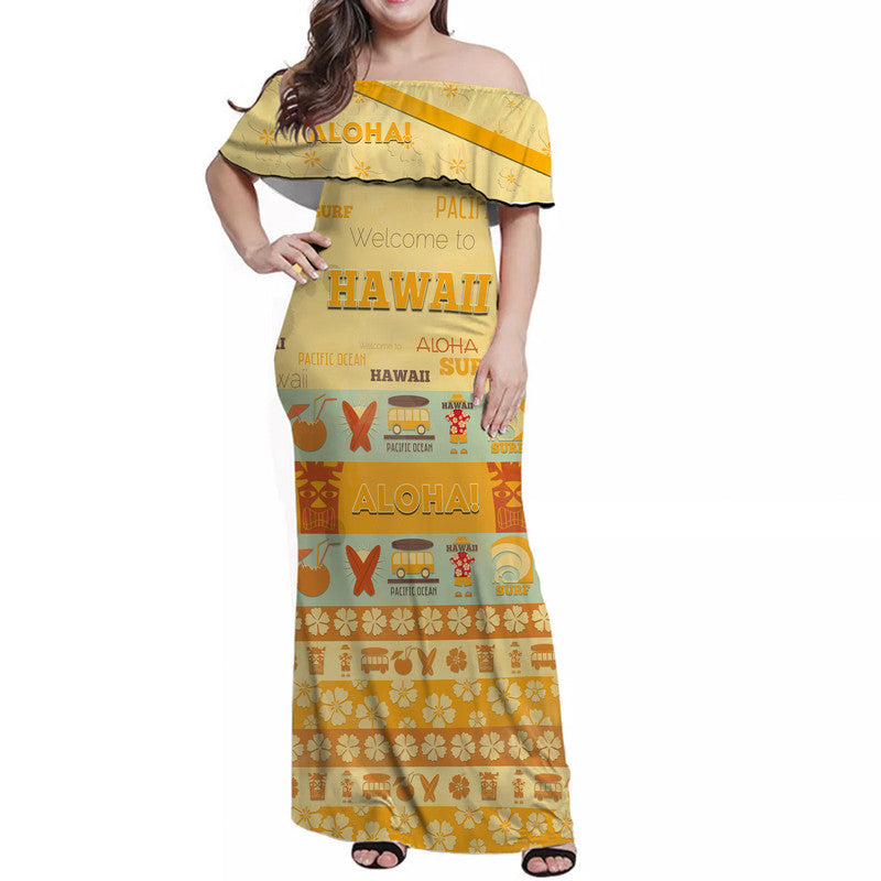 Women’s off-shoulder long dress, yellowish with ruffled neckline and tropical printed pattern
