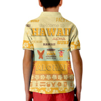 Yellow polo shirt back view with folded collar, Hawaii and ALOHA tropical graphic print