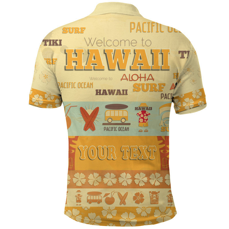 Yellow polo shirt back with Hawaiian-style print and large HAWAII lettering