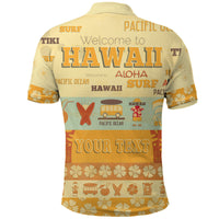 Yellow polo shirt back with Hawaiian-style print and large HAWAII lettering
