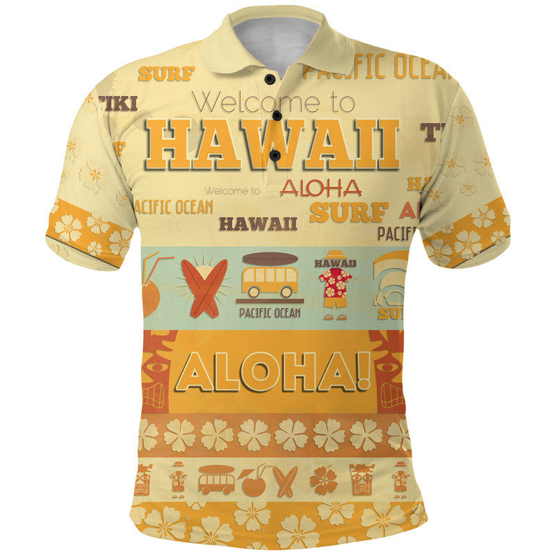 Yellow polo shirt with Hawaiian-style print and ALOHA text