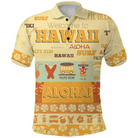 Yellow polo shirt with Hawaiian-style print and ALOHA text