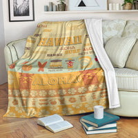Hawaii surf retro blanket with white border, yellow-orange “Aloha” and island icons