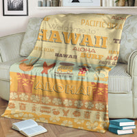 Hawaii surf retro blanket, yellow and orange with “Aloha Hawaii” text and surf icons