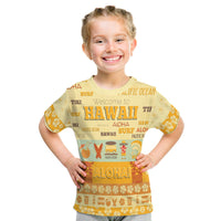 Yellowish kid Hawaii T-shirt with ALOHA and beach icons, crew neck, short sleeves