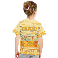 Yellowish kid Hawaii T-shirt back with large HAWAII lettering and ocean icons
