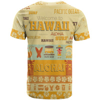 Yellowish Hawaii T-shirt showing back text and ocean-themed icons, short sleeves