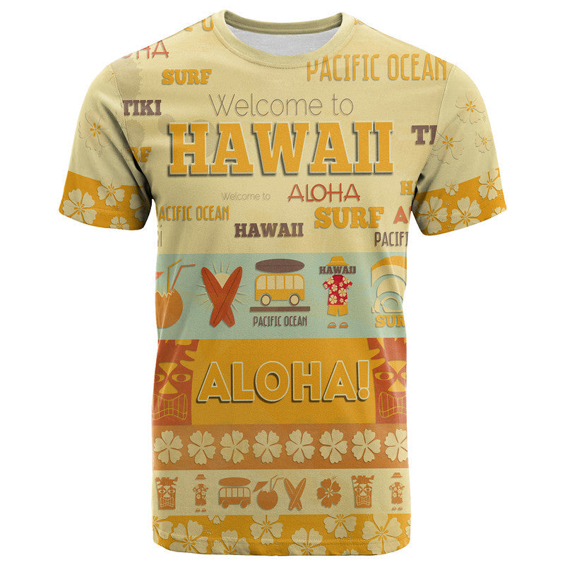 Yellowish graphic Hawaii T-shirt with ALOHA and surfing icons, short sleeves